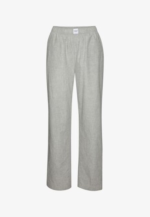 Light grey straight-leg pants with elastic waistband and a small white brand tag at the center front.