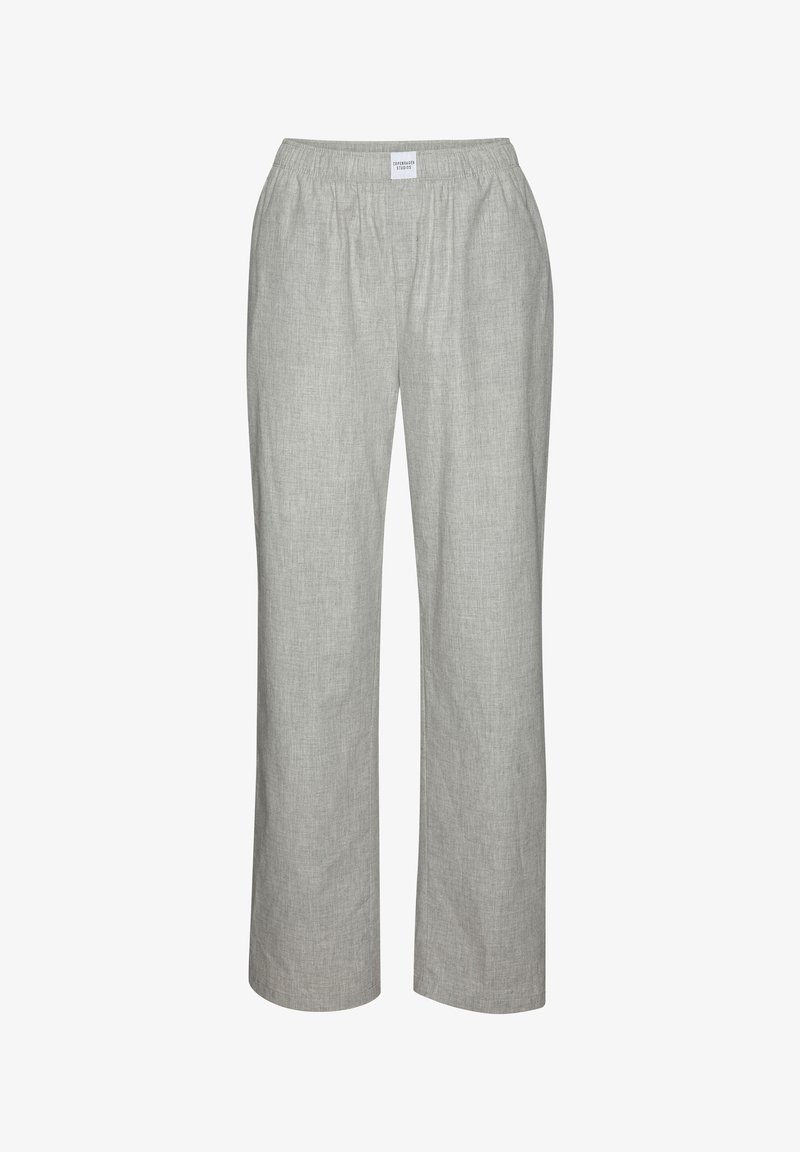 Heledad hallid sirge säärega püksid elastse vöökohaga ja väike valge brändisilt keskel ees.