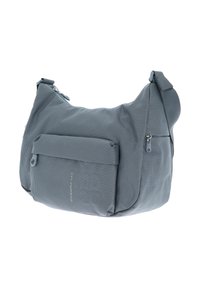 Borsa a spalla in tessuto grigio con superficie texture, dotata di un compartimento principale con zip e una tasca frontale; cinturino regolabile.