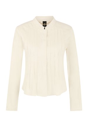 Long-sleeve ivory blouse with vertical pleats on front, round collar, and concealed button closure.