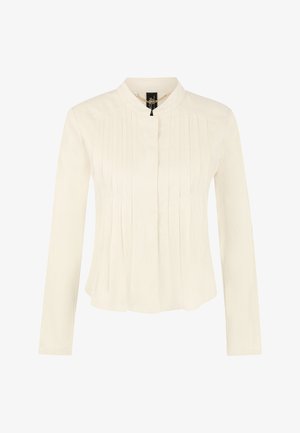Long-sleeve ivory blouse with vertical pleats on front, round collar, and concealed button closure.