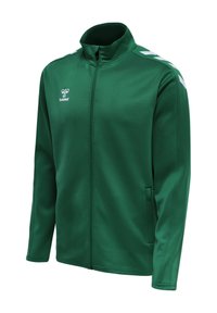 Veste zippée verte en tissu lisse, avec un col haut, un logo blanc et des accents, des manches longues et des poches latérales.