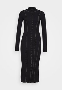 Schwarzes langärmeliges Kleid mit hohem Ausschnitt. Besitzt kontrastierende grüne wellenförmige Nähte entlang der Vorderseite und des Saums. Figurbetonte Silhouette, gerippte Textur.