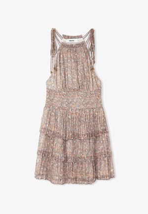 Bloemenpatroon halterjurk van lichtgewicht stof, met een smocktail en gelaagde ruches, en verstelbare strikbandjes. Voornamelijk perzik en blauw.