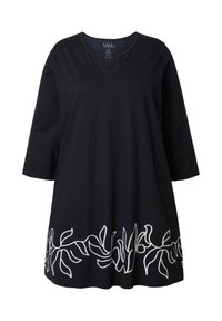Schwarze Baumwolltunika mit V-Ausschnitt und dreiviertellangen Ärmeln, versehen mit einem weißen Blumenstickmuster am Saum.