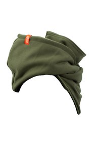 Olive green headband made from soft fabric, featuring a twisted design and an orange tag on one side for additional detail.