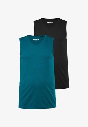 To mænds ærmeløse tanktops: en i teal med rund hals og en i sort; begge lavet af blødt stof, der viser et minimalistisk design.