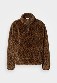 Καφέ φλις πουλόβερ με λεοπάρ σχέδιο, ψηλό γιακά, φερμουάρ στο μπροστινό μέρος μέχρι το στήθος και μαλακό, υφασμένο ύφασμα. Διαθέτει μακριά μανίκια και άνετη εφαρμογή.