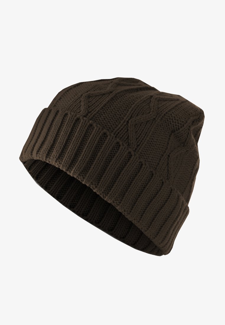 Cappello beanie lavorato a maglia marrone con risvolto a coste e motivo a diamante testurizzato. Realizzato in filato morbido, ha un design aderente per garantire calore.