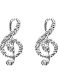 Silverfärgade örhängen formade som violiner, prydda med klara rhinestones. Slät yta med glossig textur och cirkulära accenter.