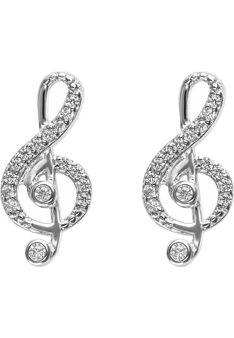 Silverfärgade örhängen formade som violiner, prydda med klara rhinestones. Slät yta med glossig textur och cirkulära accenter.