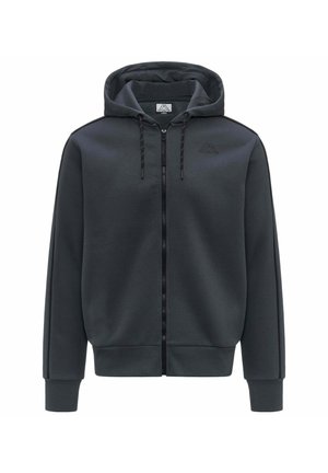Felpa con zip grigia scura, dotata di cappuccio foderato, polsini e orlo a coste. Presenta un logo discreto, dettagli con cordoncino e una texture di tessuto liscia.