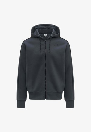 Felpa con zip grigia scura, dotata di cappuccio foderato, polsini e orlo a coste. Presenta un logo discreto, dettagli con cordoncino e una texture di tessuto liscia.