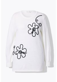 Vit stickad tröja med svarta broderade blommor och ordet "Love". Rundad halsringning och långa ärmar med ribbade muddar.