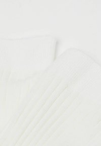 Weiße gerippte Socken mit einem strukturierten Strick, ausgestattet mit einem einfarbigen Bündchen und einer weichen Oberfläche. Der Stoff wirkt leicht und flexibel.