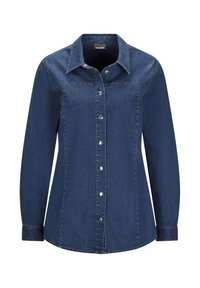 Dunkelblaues Denim-Hemd mit langen Ärmeln, spitzem Kragen und vorderem Knopfverschluss. Verfügt über ein tailliertes Design und sichtbare Nähte entlang der Nähte.