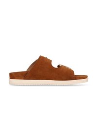 Brown suede slide sandals with an open toe, featuring a cutout design and a white rubber sole. Simple metal accent on the upper strap.