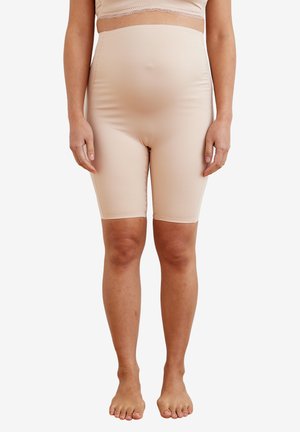 Beige Schwangerschafts-Shapewear-Shorts aus glattem, dehnbarem Stoff, in mittlerer Oberschenkel-Länge und mit breitem, elastischem Bund für Unterstützung.