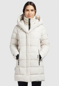 Leichte Pufferjacke in Off-White, mit hohem Kragen, Reißverschlusstaschen und einem gesteppten Design zur Isolierung.