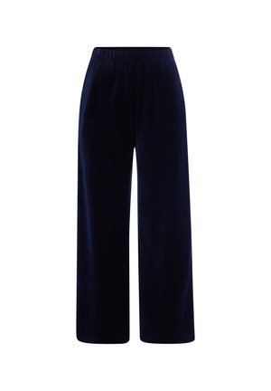 Weit geschnittene dunkelblaue Hose mit elastischem Bund, aus weichem Stoff, vor weißem Hintergrund gezeigt.