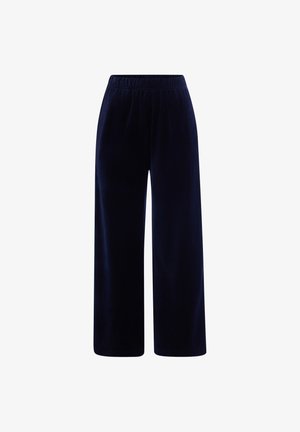 Weit geschnittene dunkelblaue Hose mit elastischem Bund, aus weichem Stoff, vor weißem Hintergrund gezeigt.