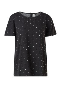 Chemise noire à manches courtes avec des pois blancs, encolure ronde, détail de fermeture au dos et coupe décontractée, fabriquée en tissu léger.