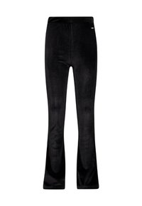 Czarne sztruksowe spodnie dzwony o prążkowanej fakturze, z elastycznym paskiem w talii i subtelnym logo na pasie.