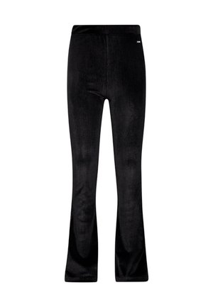 Sorte fløjlsbukser med vidde, der har en ribbet tekstur. De har en elastisk talje og diskret logo-detaljering ved taljen.