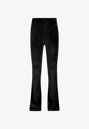 Pantalons en velours côtelé noirs évasés avec une texture côtelée, dotés d'une taille élastique et d'un logo discret au niveau de la taille.