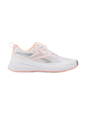 White and light pink Reebok running shoe with lace-up design and cushioned sole, shown from the outer side on a white background.