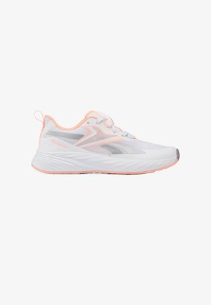 White and light pink Reebok running shoe with lace-up design and cushioned sole, shown from the outer side on a white background.