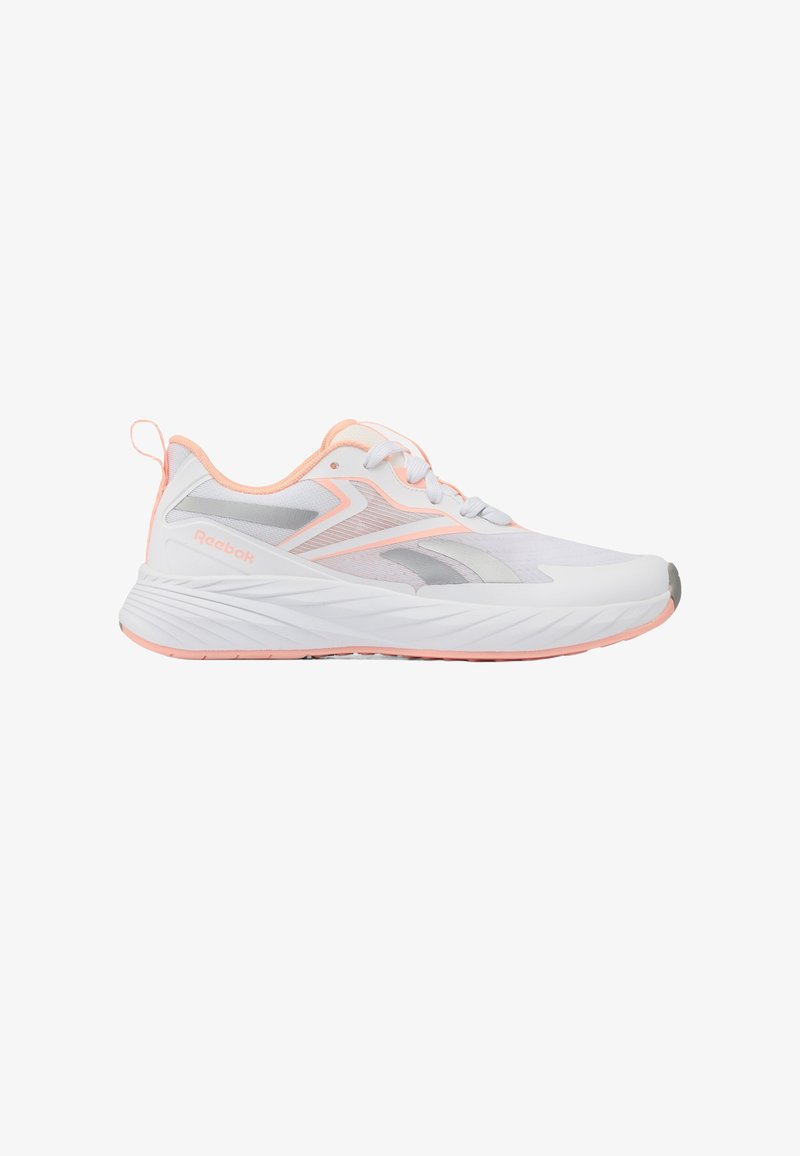 White and light pink Reebok running shoe with lace-up design and cushioned sole, shown from the outer side on a white background.
