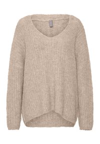 Beige gebreide trui met een v-hals, lange mouwen en een licht verhoogd ontwerp. Textuurstof met een losse fit en een geribbeld patroon.