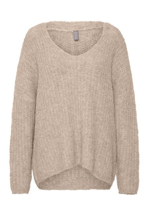 Beige kötött pulóver v-nyakkal, hosszú ujjak, és enyhén rövidített fazonnal. Texturált anyag, laza szabással és bordás mintával.