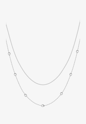 Srebrny necklace warstwowy z dwiema łańcuszkami; jeden gładki i cienki, a drugi koralikowy z równomiernie rozmieszczonymi okrągłymi detalami.