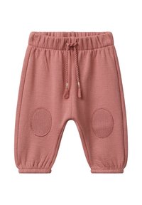 Weiche rosa Babyhosen mit elastischem Bund, Kordelzug, elastischen Bündchen und strapazierfähigen, runden Knieflicken an beiden Beinen.