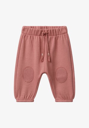 Pantalons pour bébé rose pâle avec taille élastique, cordon de serrage, poignets élastiques et ronds texturés aux genoux sur les deux jambes.