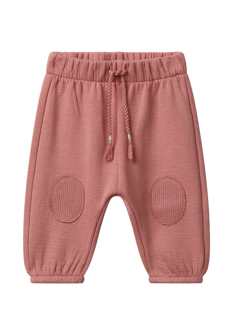 Weiche rosa Babyhosen mit elastischem Bund, Kordelzug, elastischen Bündchen und strapazierfähigen, runden Knieflicken an beiden Beinen.