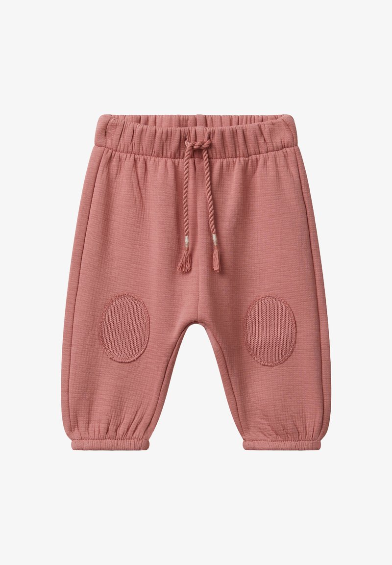 Weiche rosa Babyhosen mit elastischem Bund, Kordelzug, elastischen Bündchen und strapazierfähigen, runden Knieflicken an beiden Beinen.