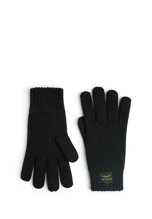 Zwarte gebreide handschoenen met een geribbelde manchet, voorzien van vijf vingers, een gestructureerd oppervlak en een klein logo-etiket bij de pols.