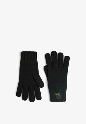 Zwarte gebreide handschoenen met een geribbelde manchet, voorzien van vijf vingers, een gestructureerd oppervlak en een klein logo-etiket bij de pols.