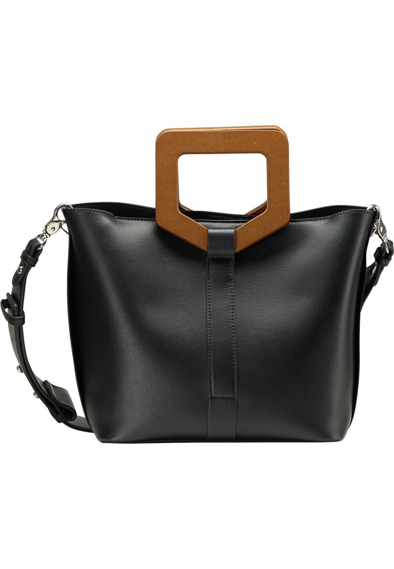 Bolso tote de imitación de cuero negro con un asa rectangular de madera, que presenta un diseño elegante y una correa para el hombro ajustable. Acabado texturizado.