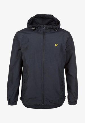 Navy waterproof jacket with a hood, featuring a visible zipper, adjustable drawstrings, and a small yellow logo on the left chest.