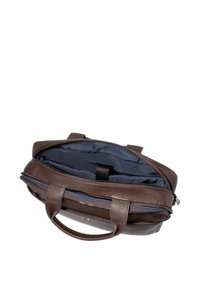 Borsa per laptop in pelle marrone con doppi manici, chiusura a zip e interno in tessuto blu navy. Presenta una superficie testurizzata e un ampio scomparto.