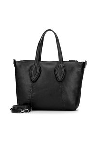 Borsa a spalla in pelle nera con manici doppi, chiusura con zip, superficie texturizzata e cuciture decorative lungo i lati. Include una tracolla rimovibile.