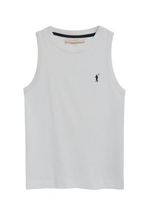 Canottiera bianca senza maniche in cotone con un piccolo logo blu navy di un golfista sul lato sinistro del petto. Collo arrotondato, vestibilità regolare, colore uniforme.