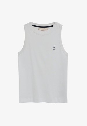Witte mouwloze katoenen tanktop met een klein marineblauw logo van een golfer op de linkerkant van de borst. Ronde halslijn, reguliere pasvorm, effen kleur.