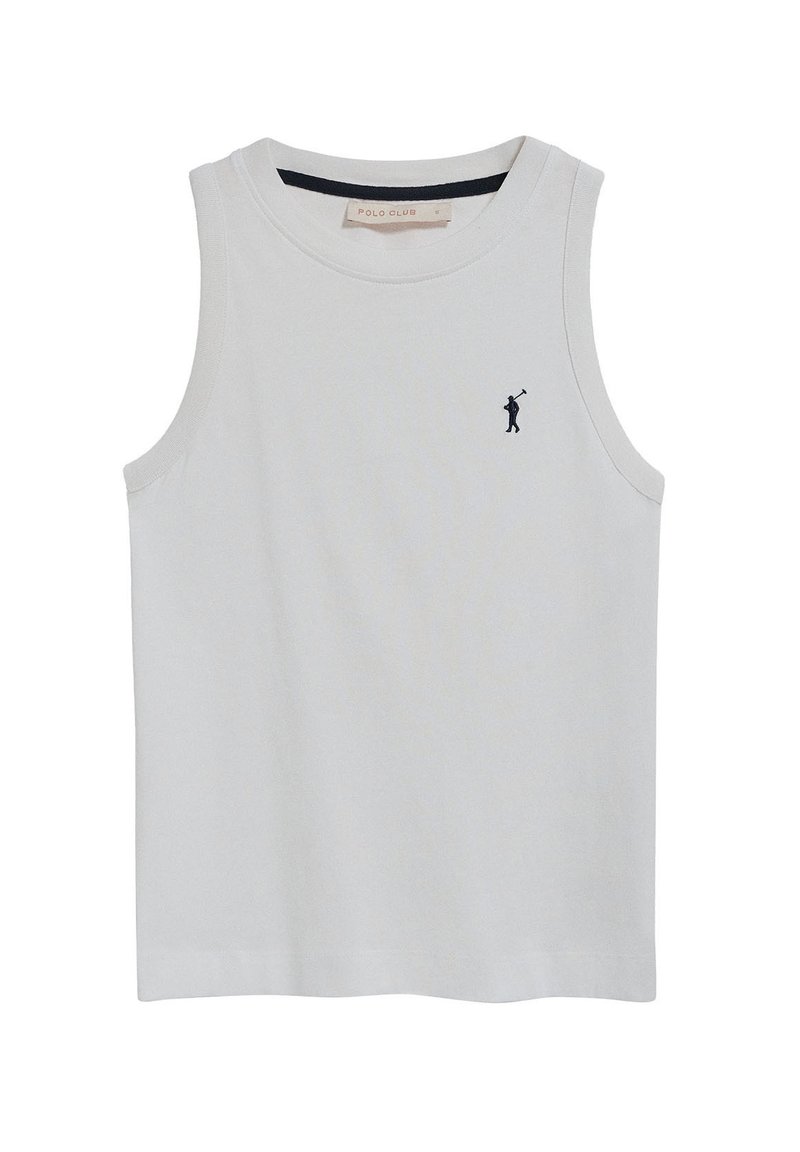 Canottiera bianca senza maniche in cotone con un piccolo logo blu navy di un golfista sul lato sinistro del petto. Collo arrotondato, vestibilità regolare, colore uniforme.