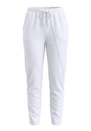 Pantalon de jogging blanc avec une taille élastique, un cordon de serrage, des détails de coutures diagonales, des poches latérales et des jambes fuselées.