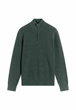 Groene geribbelde pullover met een hoge kraag en een halve rits. Lange mouwen en een rechte zoom. Zachte textuur, casual ontwerp.